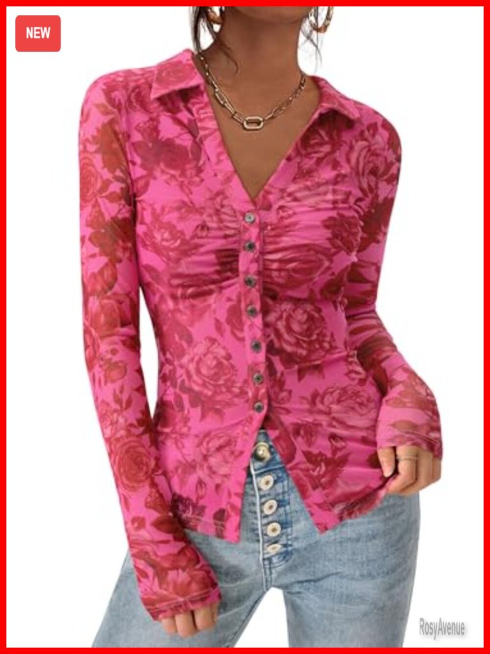 Women's Floral Boho Button Down Blouse V-Neck Long Sleeve Mesh Shirt